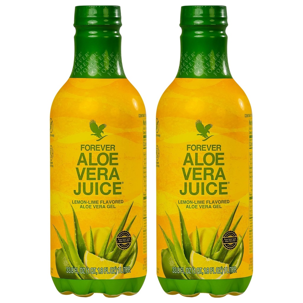Living Forever - Aloe Vera Juice - Aromă de lămâie cu gel de frunze interioare Pure - Sprijină Digestia și Imunitatea - 1L Fiecare (Pachet de 2)