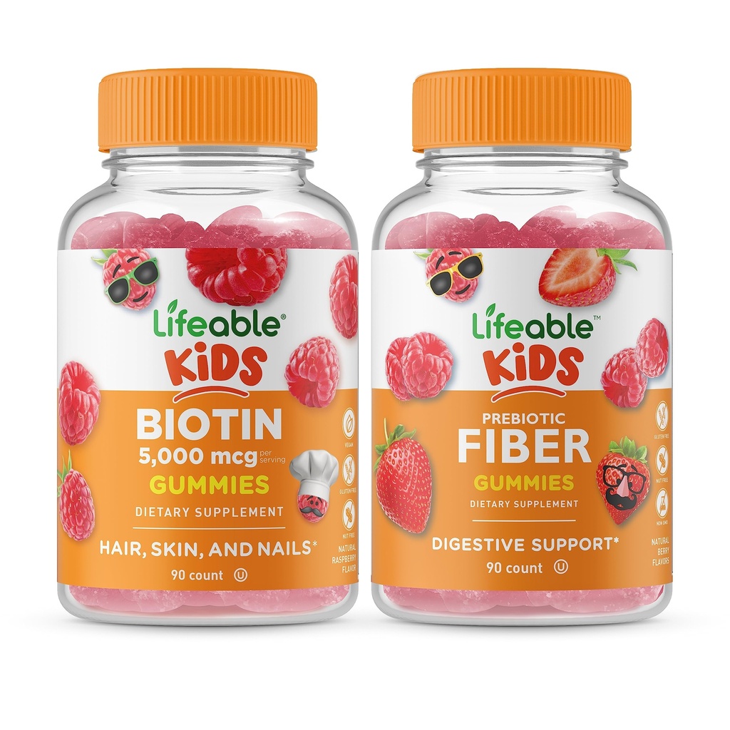 Copii Biotin Lifeable + Prebiotic Fiber Kids, Gummies Bundle - mare Tasting, Supliment de vitamine, Gluten gratuit, OMG gratuit, Guma de mestecat