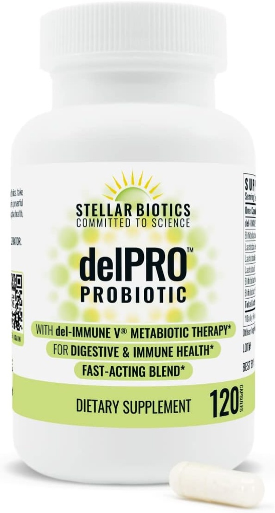 Del- Imune V® + Delpro Probiotic & Prebiotic Blend by Stellar Biotics - Promovează Optimal Gut Health, Digestion, Immune Support & Mood (120 capsule)