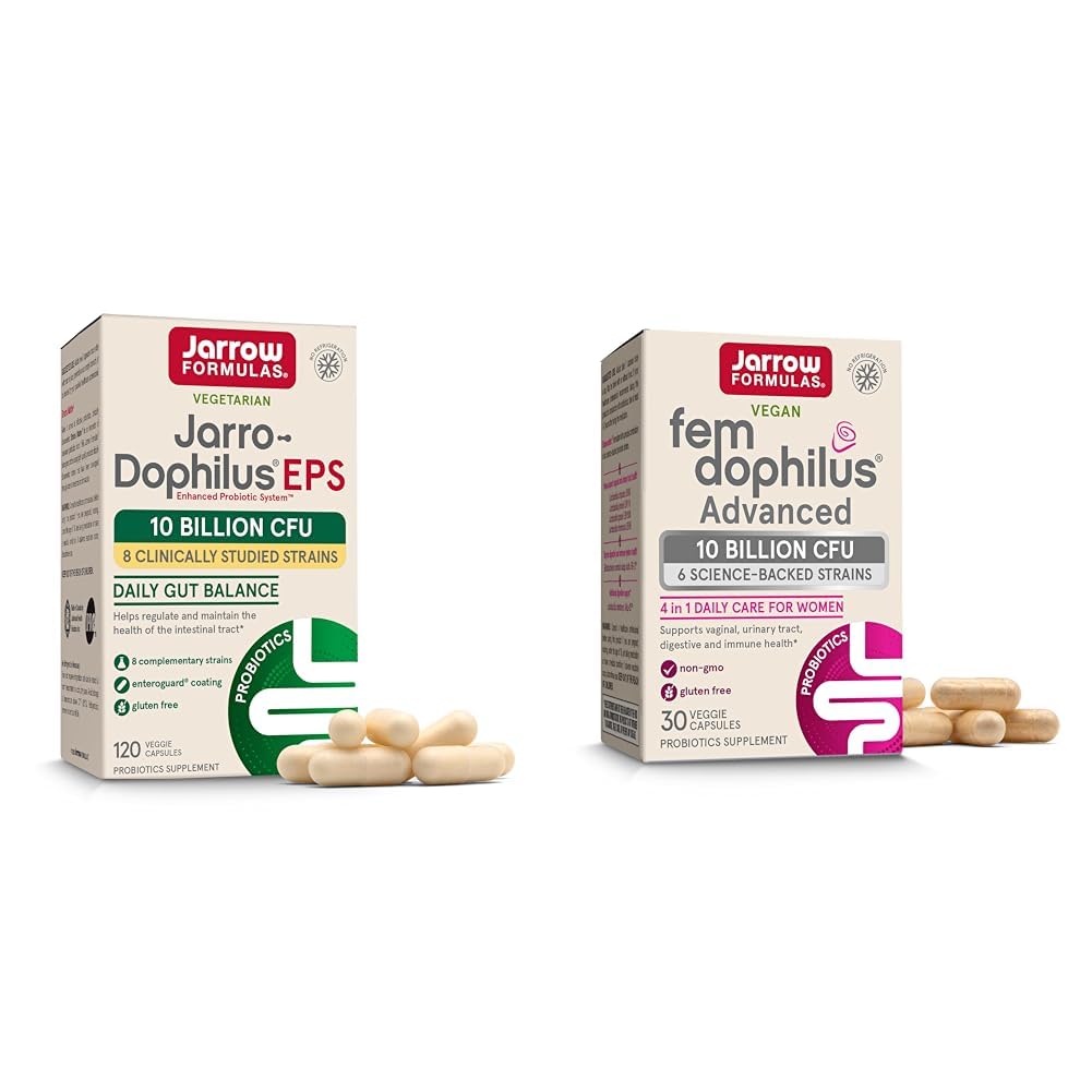 Jarrow Formulas Probiotics Bundle with Jarro-Dophilus EPS 10 Miliarde CFU 120 Caps and Fem-Dophilus Advanced 10 Miliarde CFU 30 Caps