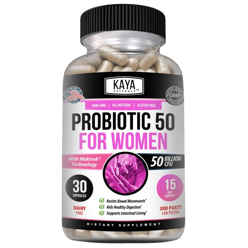 Kaya Naturals Probiotic 50 Miliarde CFU - Probiotice pentru femei, Probiotice pentru barbati si adulti, Natural - Curaj Health & Immune Supplement - Ofera suport digestiv - 30 Capsule vegetale