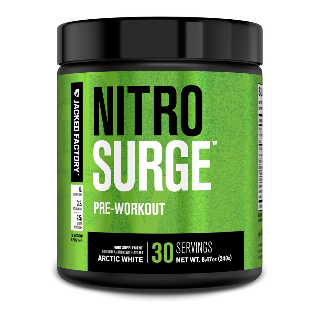 Fabrica Jacked NITROSURGE Suplimentul de pregătire - Energie fără sfârșit, Câștiguri de rezistență instantanee, Focalizare clară, Pompe intense - NO Booster & Powerful Preworkout Energie pulbere - 30 Serviri, Arctic alb