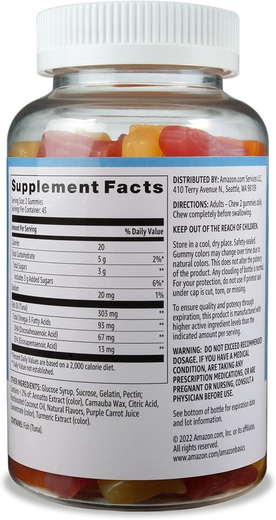 Basics Fish Oil 303 mg, Lemon, Orange & Strawberry-Banana Flavors, 90 Gummies (2 per Serving), EPA și DHA Omega-3 acizi grasi (previously Solimo) (Pachet de 2)