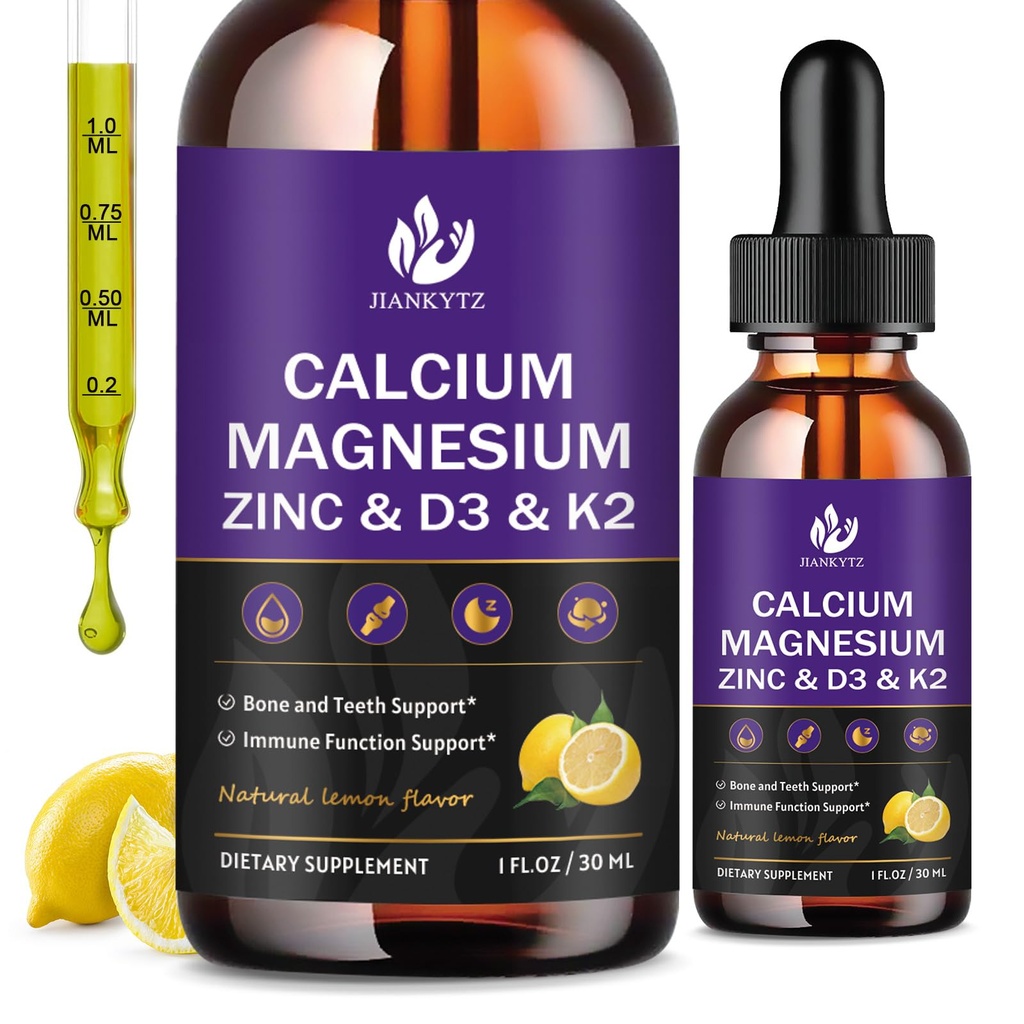 (2 ambalaj) Picături lichid de magneziu zinc de calciu pentru femei și bărbați - Bone & Dinți, Suport imunitar, Supliment de calciu lichid cu glicinat de magneziu, vitamina C D3 K2 B6 și Moss de mare