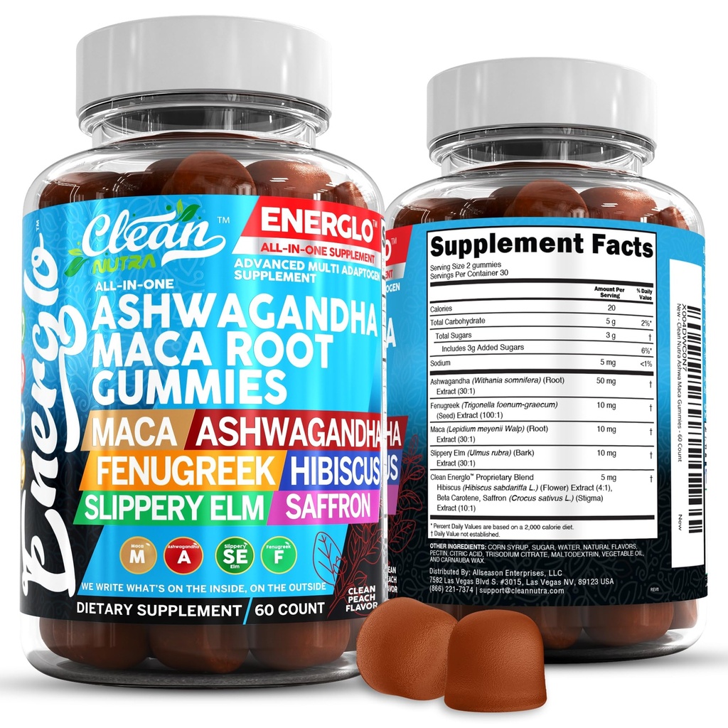 Ashwagandha Maca Root Gummies cu Schinduf Hibiscus Slippery Elm Saffron Extract & Beta Caroten 