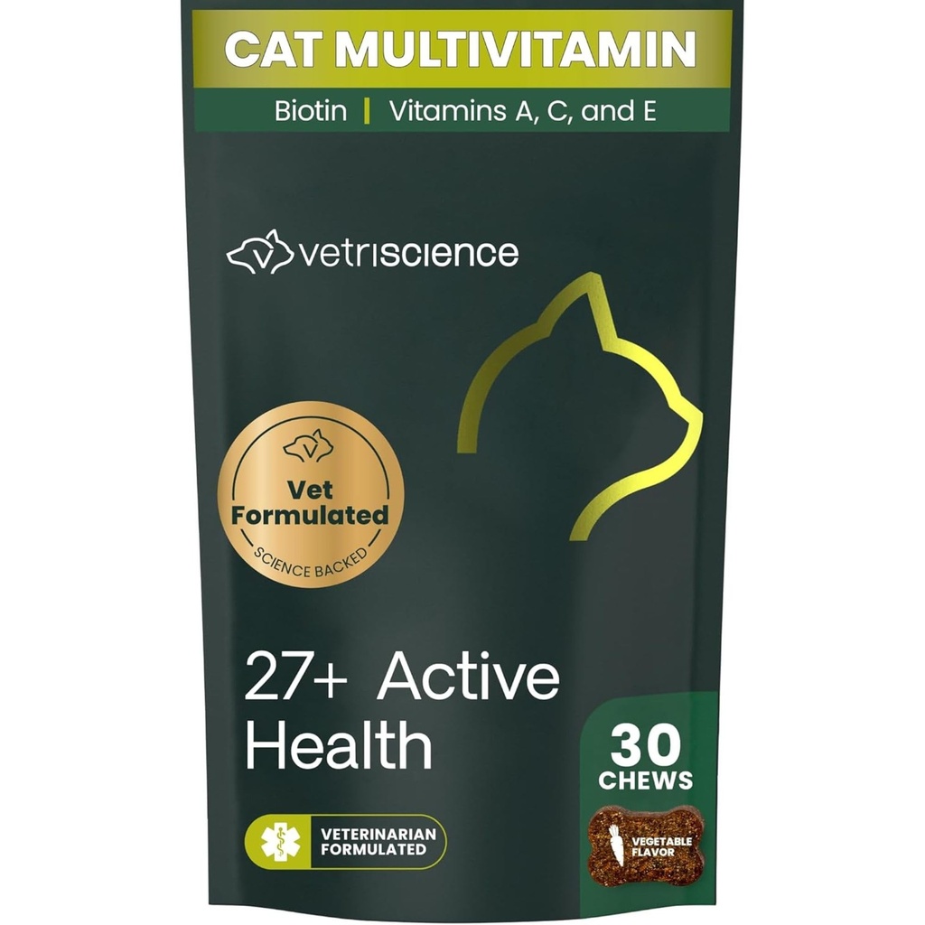 VetriScience 27+ Active Health Chews, Nu Cat Daily Multivitamine pentru pisici și pisici, Balanced Vitamine, Minerale și Antioxidanți, Health and Wellness Support, Pește, 30 Conte