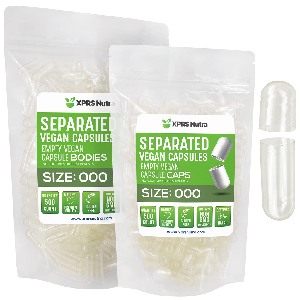 XPRS Nutra Vegan dimensiune 000 capsule separate- 500 conte Premium Capacuri goale separate în pungi - capsule goale clare - 000 pastile pentru umplere supliment DIY