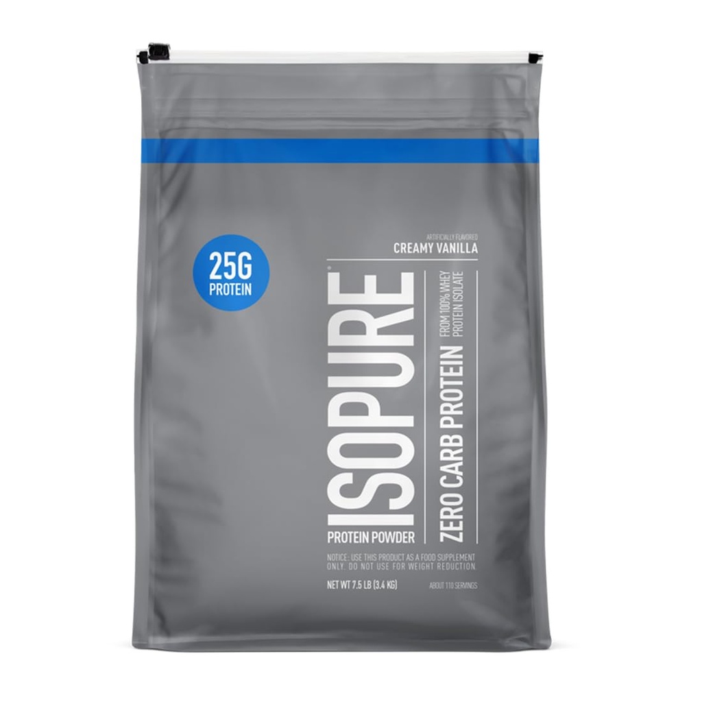 Isopure Zero Carb 100% Pure Whey Izolate Proteine Pulbere, Lactoză gratuit, Gluten gratuit, Cu vitamine, Creamy Vanilla, 25g Proteina Per Servire, 7,5 Lbs, 110 Serviri (Packing May Vary)