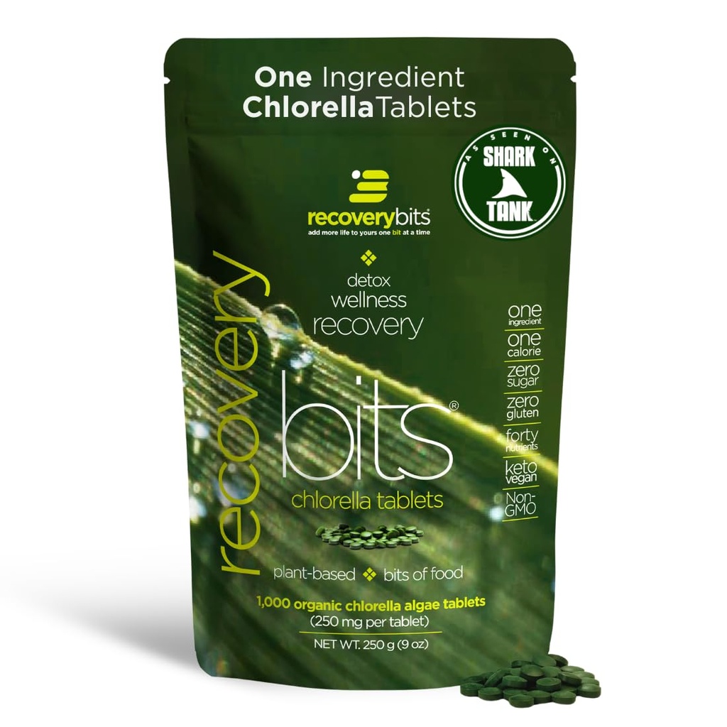 RECOVERYbits - Organic Chlorella Tablets - Plant-Base Algae Superfood - Clorofila - Perete de celule sparte - Energie - Sistem imunitar - Detox - Keto - Vegan - Non-GMO - Geanta mare - 1000 Comprimate