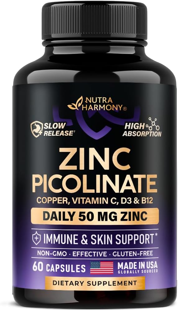 Picolinat de zinc 50mg - Supliment de zinc cu cupru, vitamina D3 & B12 - Stomac prietenos 
