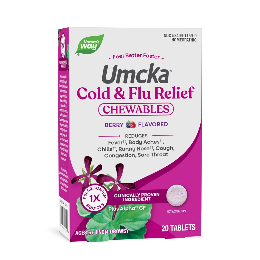 Natura's Way Cold+Flu Relief, Umcka, scurtează durata și reduce severitatea, Multi-Symptom Relief, Homeopatic, Fenilephrine Free, Non-Drowsy, Berry Flavored, 20 Tablete masticabile (Packaging May Vary)