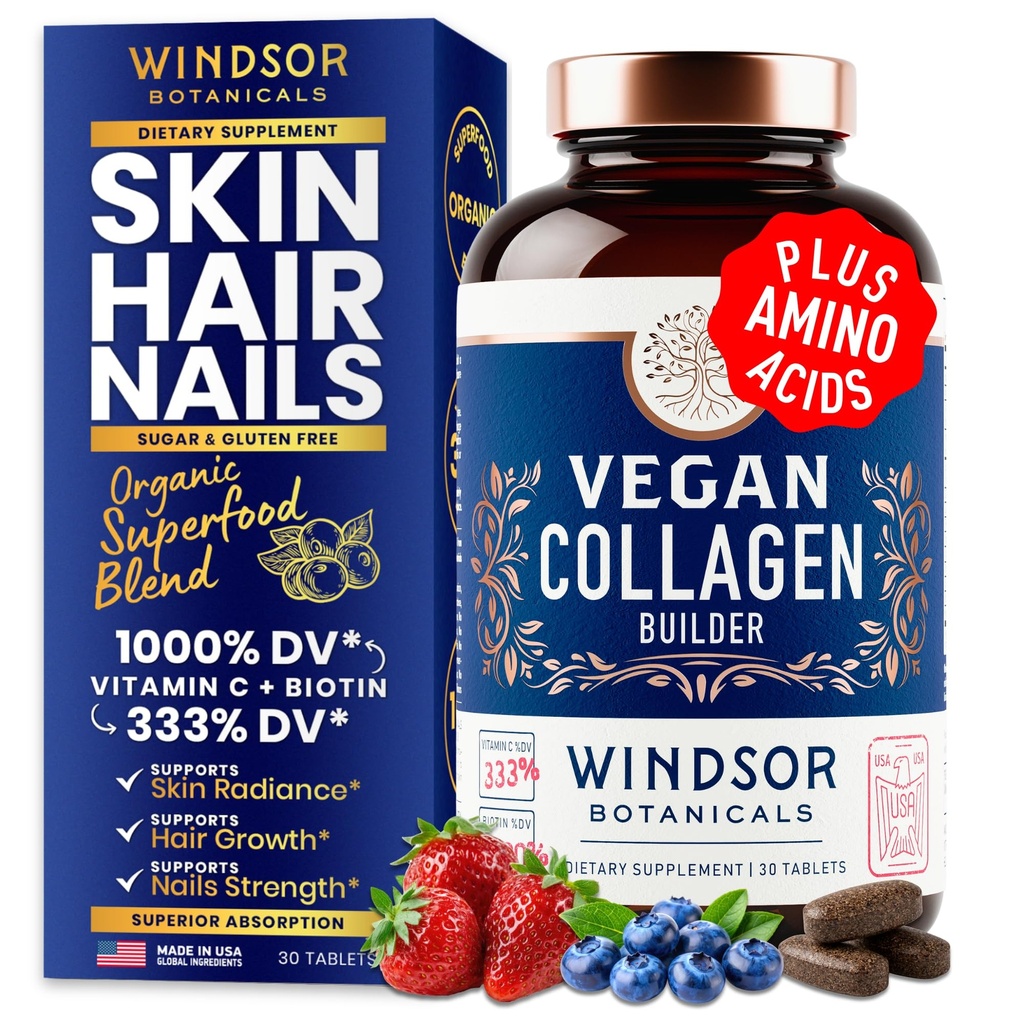 Colagen Vegan pentru femei și bărbați Suplimente - Vitamina C, Biotina, Amino Acids Glicină, Lysine, Proline, Fructe organice și Pudră de legume - O dată pe zi - 30 tablete de Colagen bazate pe plante Boost