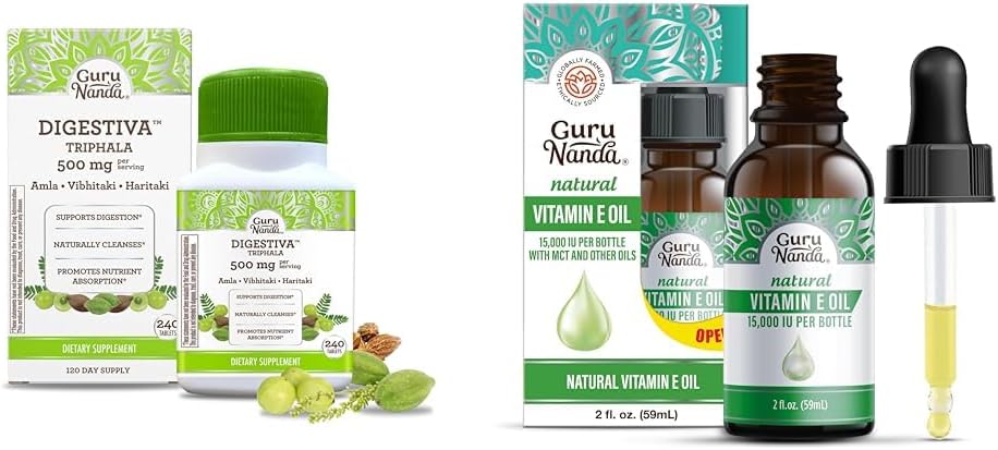 GuruNanda Digestiva Triphala (240 comprimate) & Vitamina E ulei (2 Fl Oz) - Suportă Digestion, ajută cu Bloating & constipație, Supliment alimentar cu Amla, Haritaki & Bibhitaki