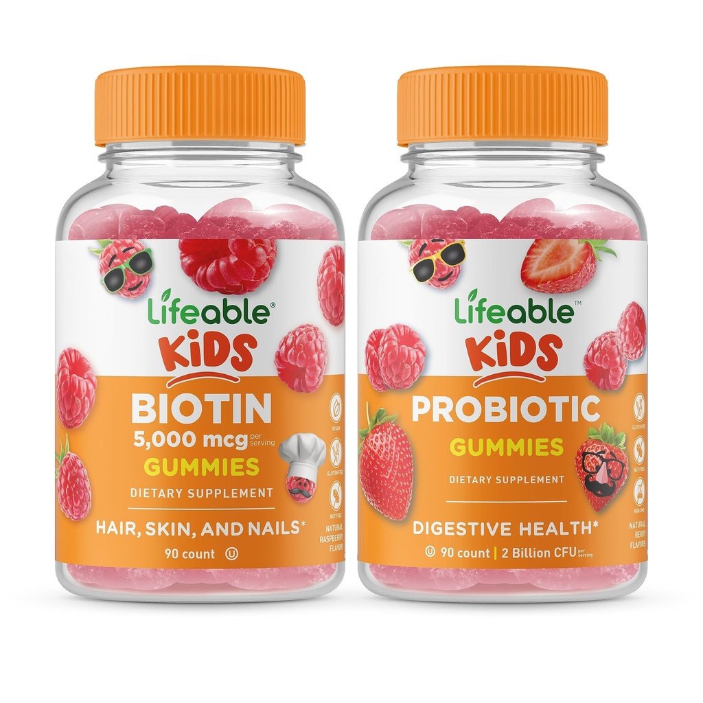 Biotina de viață pentru copii + Probiotic 2 miliarde CFU pentru copii, gume Bundle - mare degustare, supliment de vitamine, gluten gratuit, OMG gratuit, guma de mestecat