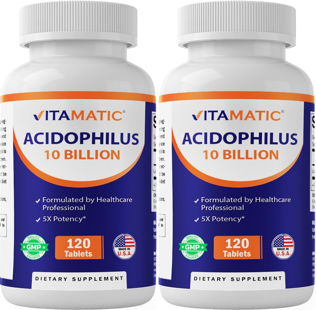 Vitamatic 2 Packs Acidophilus Probiotic - 10 miliarde CFU - 120 comprimate - 5X Potență - Supliment Probiotic zilnic, susține Digestive Health (Total 240 comprimate)