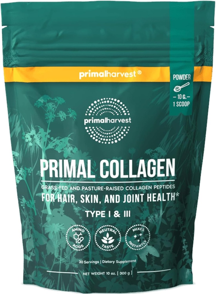 Primal Harvest Colagen Pulbere pentru femei sau bărbați Primal Colagen Peptides Pulbere tip I & III, 10 Oz Colagen Pulbere Proteină pentru păr, piele, unghii (Single, neflavorat)