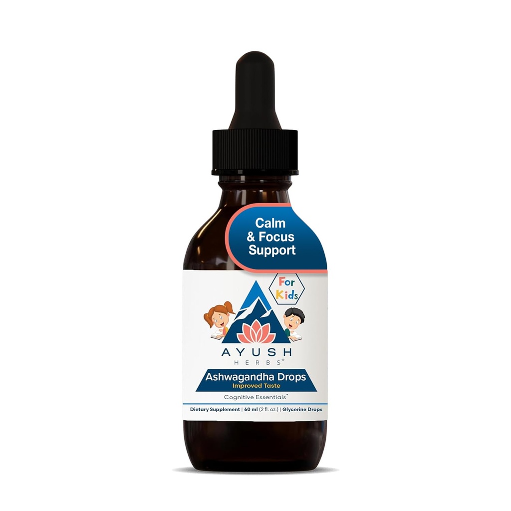 Ayush Herbs Ashwagandha picături pentru copii și adulți - drops Ashwagandha fără alcool, supliment de zi cu zi calmant pentru se concentreze cu Ashwagandha organice, Aroma de lamaie - 2 Fl Oz (80 Serviri)