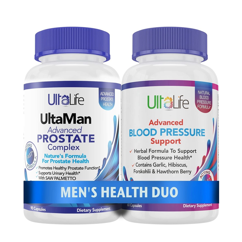 ULTALIFE Men's Health Duo - 2 Sticle - un Complex de suport pentru prostate cu Saw Palmetto & Beta Sitosterol & One High HIGH tensiunii arteriale cu Usturoi & Hawthorn Berry Capsule rapide pentru bărbați
