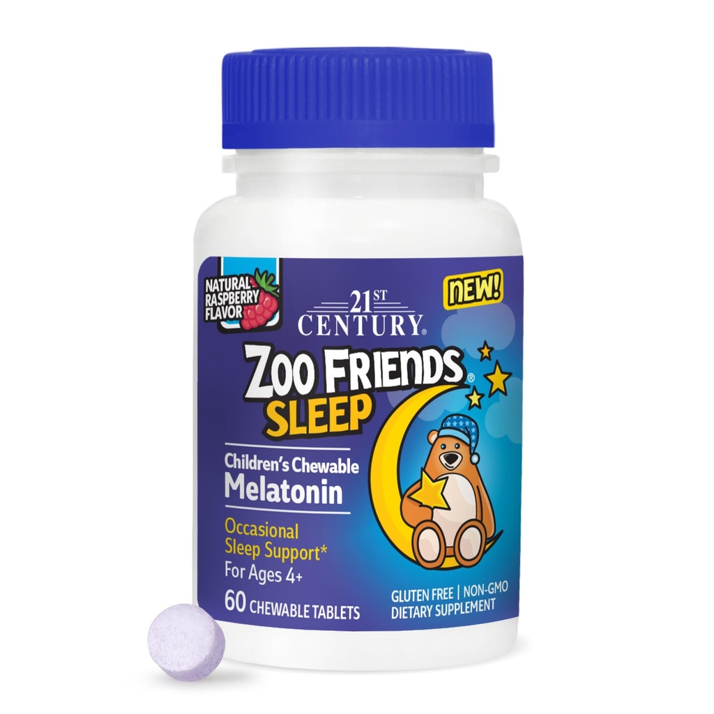 21st Century Zoo Friends Sleep Chembable Melatonin, Raspberry Flavor, 60 Count