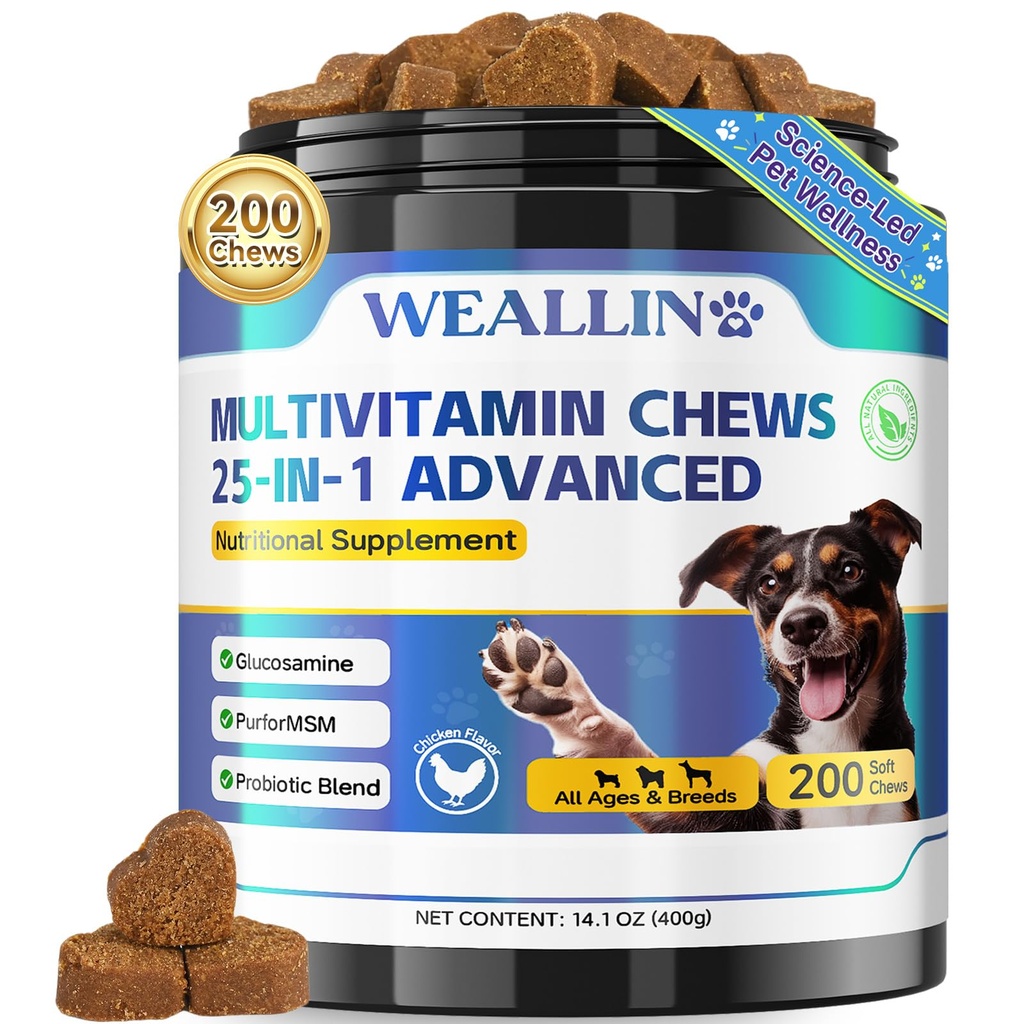 Vitamine de câine - 25-in-1 vitamine de câine și suplimente Multivitamine cu Glucosamine Probiotice Omega-3 catelus multivitamine Chewable pentru haina, inima, HiPS & articulații, Digestion & Sistem imunitar 200pcs