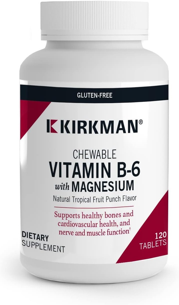 Kirkman - Vitamina B6 cu magneziu - 120 comprimate - Potent Vitamina B6 & Magneziu Suplimentare - Wafer masticabile - Hipoallergenic