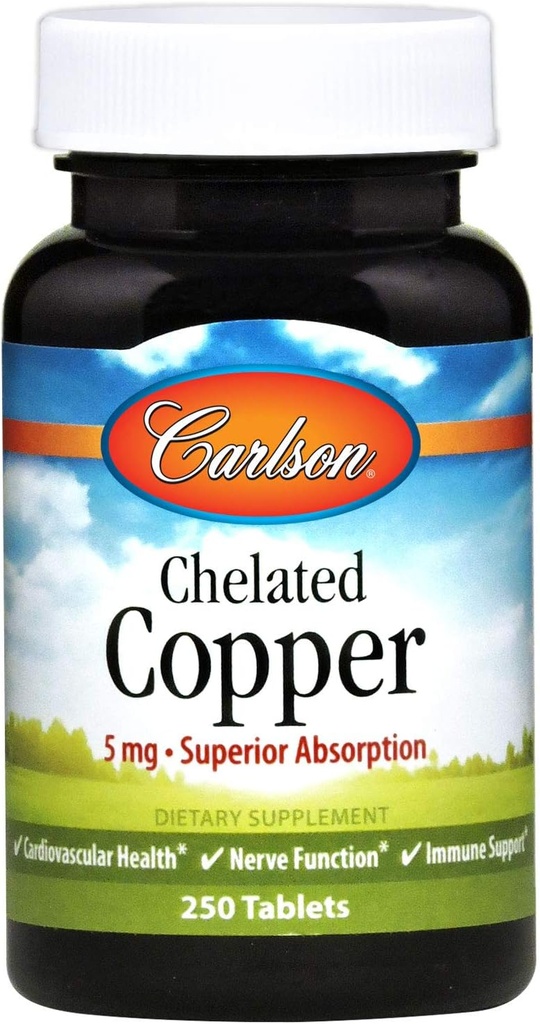 Carlson - Chelated Copper, 5 mg, Superior Absorbtion, Circulation Health, Nervie Function & Immune Support, 250 comprimate