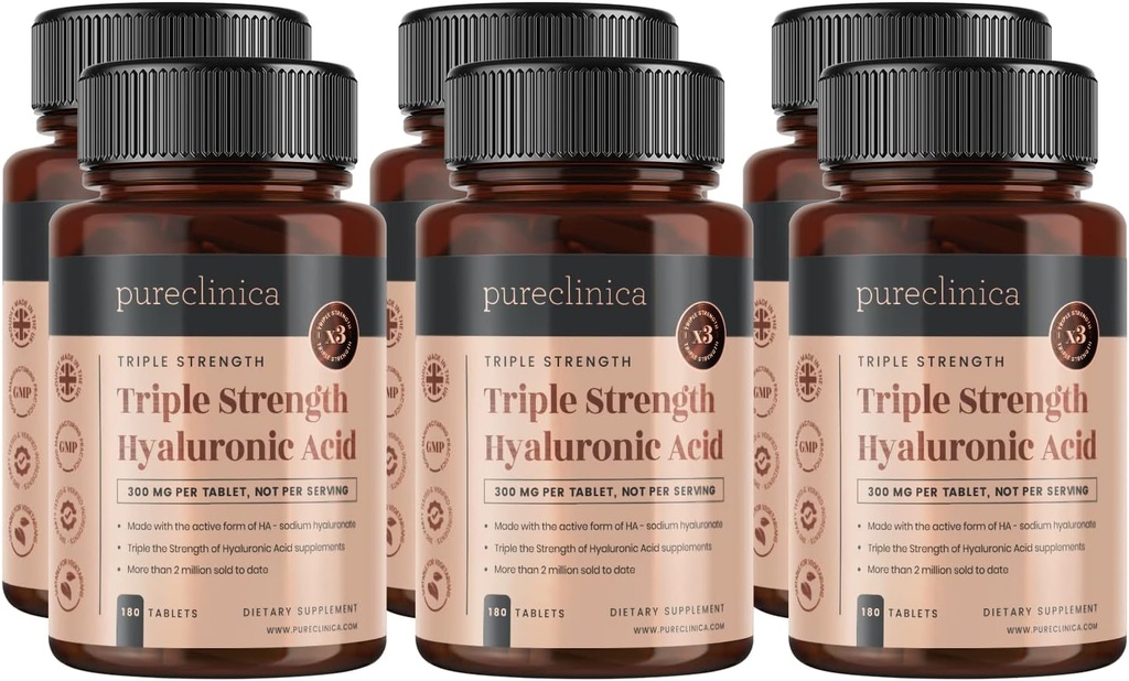pureclinica Acid hialuronic 300mg x 1080 comprimate (6 Flacoane de 180 comprimate - 3 ani de aprovizionare). Acid hialuronic cu concentraţie triplă. 300% mai puternic decât orice alt comprimat HLA