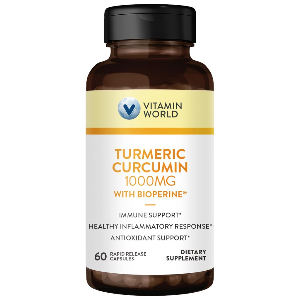 Vitamina World Curcumin Turmeric 1000mg, Extract de ardei negru BioPerine pentru o mai bună absorbție, 95% Curcuminoide, Supliment Turmeric pentru Antioxidant & Suport comun, Gluten-Free, 60 capsule