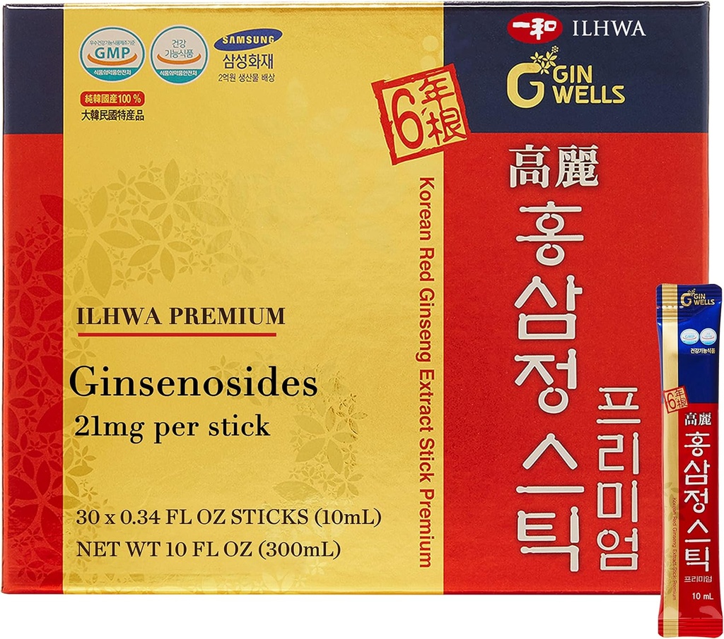 ILHWA Premium Red Ginseng Extract Sticks (0,34fl oz X 30 Sticks) - pentru imunitate. Ginsenozid 21 mg per Serving