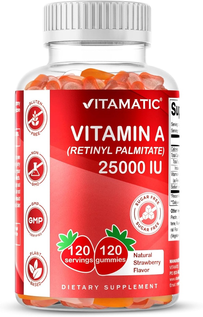 Vitamina A 25000 UI (Retinil palmitat) - Aroma naturală de căpşuni - 120 Gume pe bază de pectină (3 flacoane)