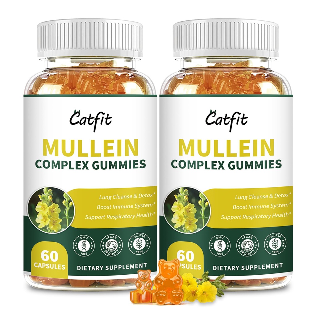 (120 buc) Gummie Mullein pentru Plămâni dezintoxicare Extract de frunze de Mullein cu Querbetin, Elderberry pentru suport respirator și imun, respirație & Lung Cleanse pentru fumatori, Vegan, aroma de Ananas, (2 ambalaj)