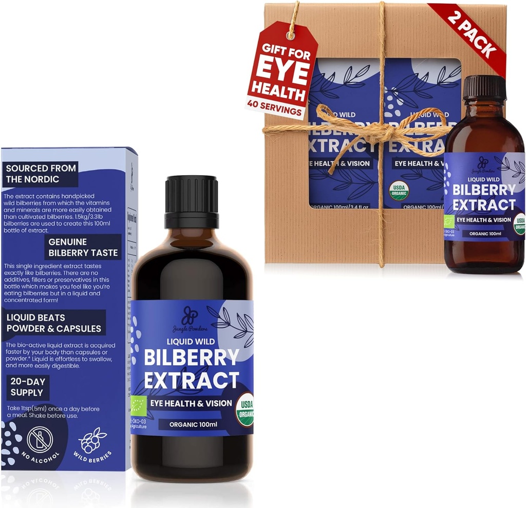 Jungle Powders Wild Bilberry Extract 3x3.4oz Sticluță de lichid de bilberry Anthocianin alcool-Free supliment european de afine pentru ochi de mare biodisponibilitatea Extract lichid