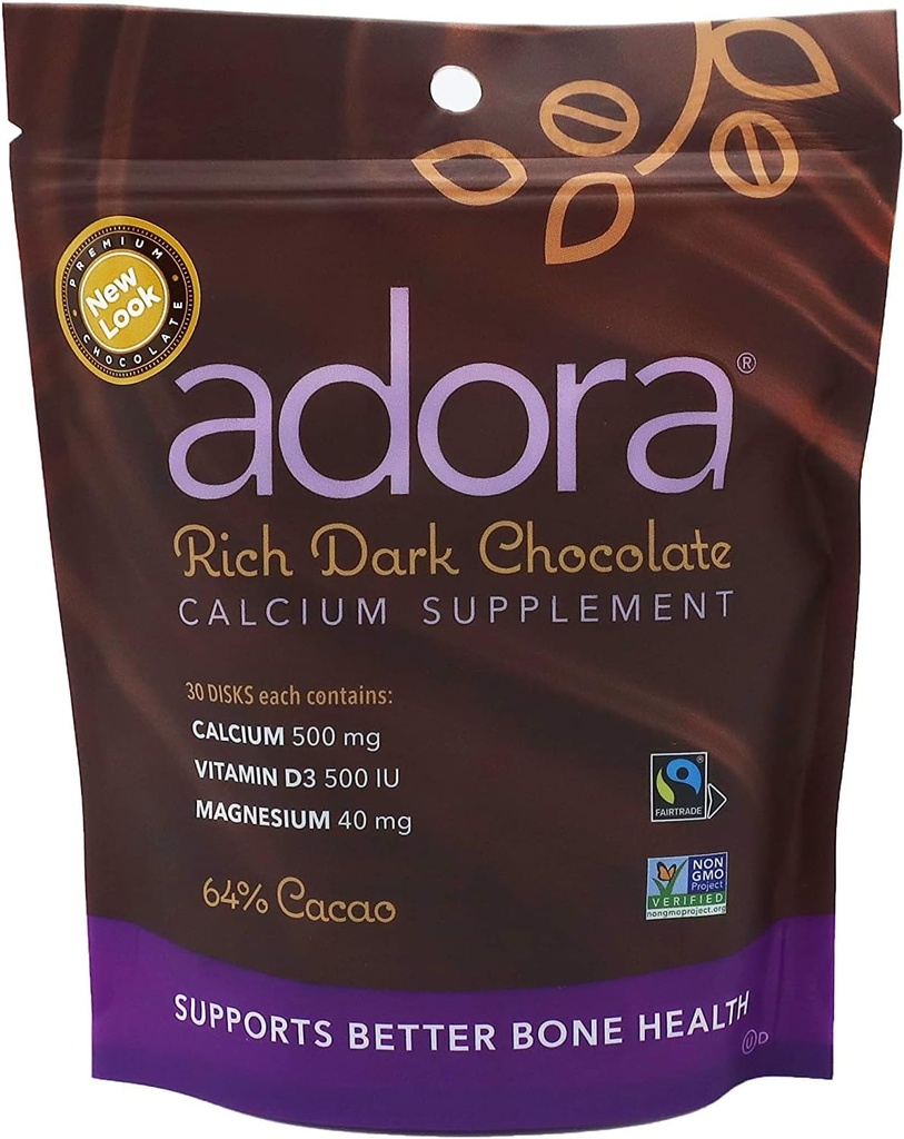 Adora Calciu Supliment, Fairtrade Ciocolată neagră, Pachet de 12 - 30 ct