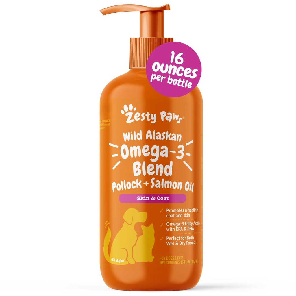 Zesty Paws Wild Alaskan Omega-3 Blend Pollock + Ulei de somon pentru câini și pisici- Suport piele și haină, Omega 3 Supliment pentru animale de companie, 16oz