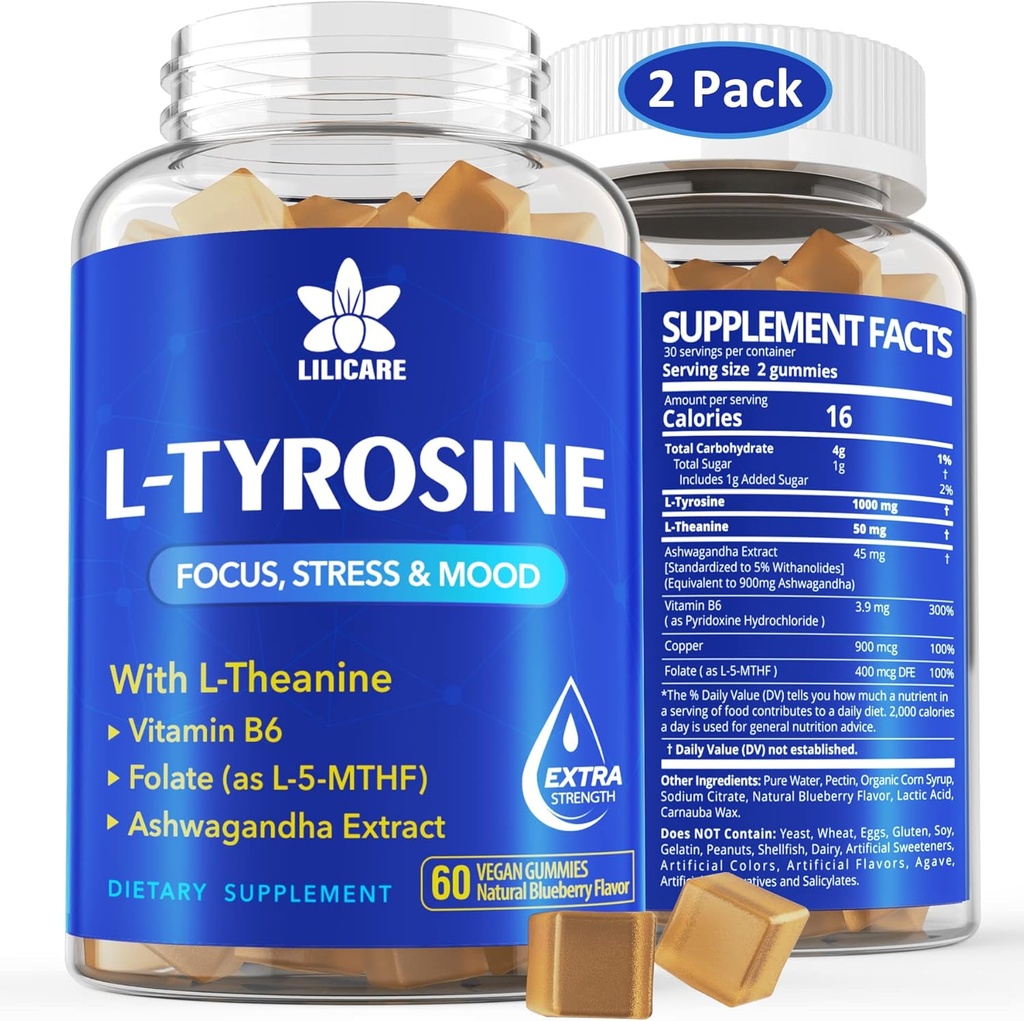 L Tyrosine Gummies 1100mg Mood Support Blend, cu Ashwagandha, L-Theanine, Vitamina B Complex B6, Folate(Vitamin B9), Focus & Memory, Cognition & Brain Function, Energy Boost, Stres Support, 2Pc/120ct