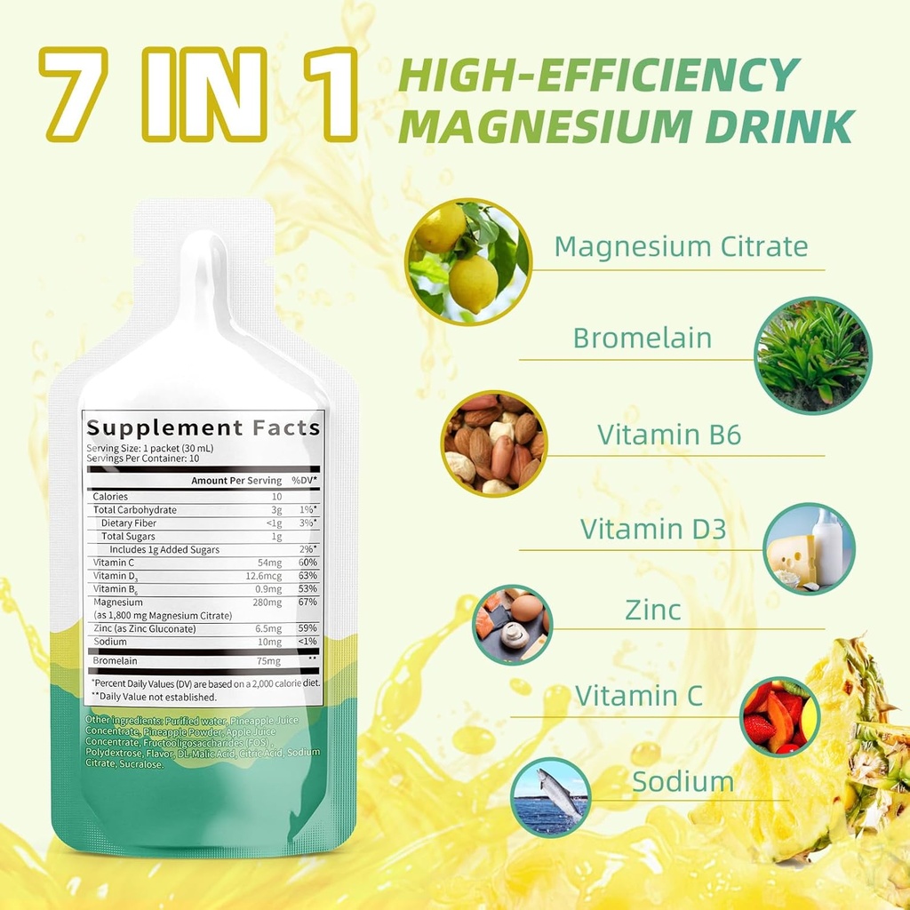 Citrat de magneziu supliment lichid (10 Fl Oz), Băutură complex de magneziu/Soluție oral cu vitamina B,Zinc, Sodiu și Bromelain pentru somn,Muscle,Heart,Gut Support (Pineapple)