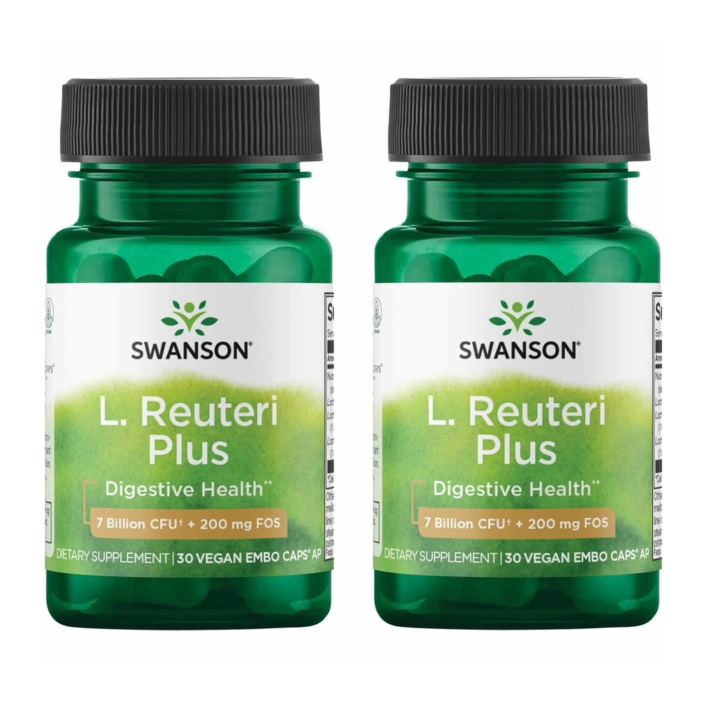 Swanson L. Reuteri Probiotic Plus w/L. Rhamnosus L. Acidophilus & FOS Prebiotic Digestive Support - Promovează Gut Health w/ 7 Miliarde CFU per capsulă - (30 Capsule vegetale) (2 ambalaj)