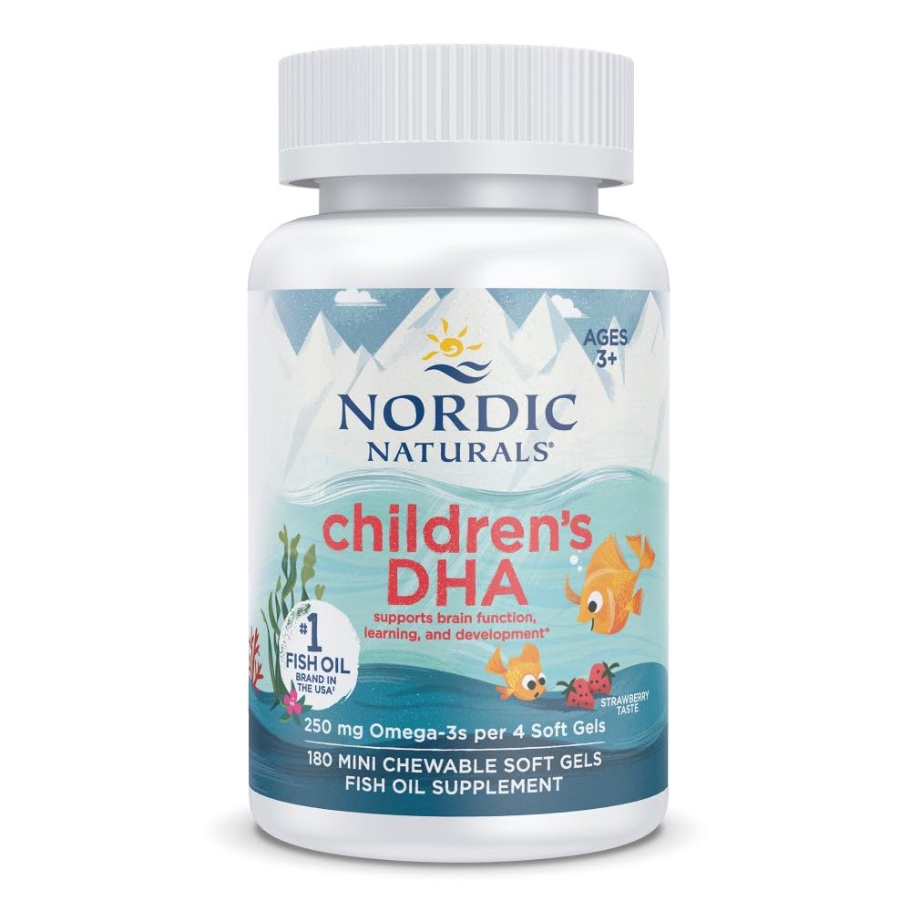 Nordic Naturals Childrens DHA, căpșuni - 180 Mini Geluri moi masticabile pentru copii - 250 mg Omega-3 cu EPA & DHA - Dezvoltarea și funcția creierului - Non-GMO - 45 Serviri