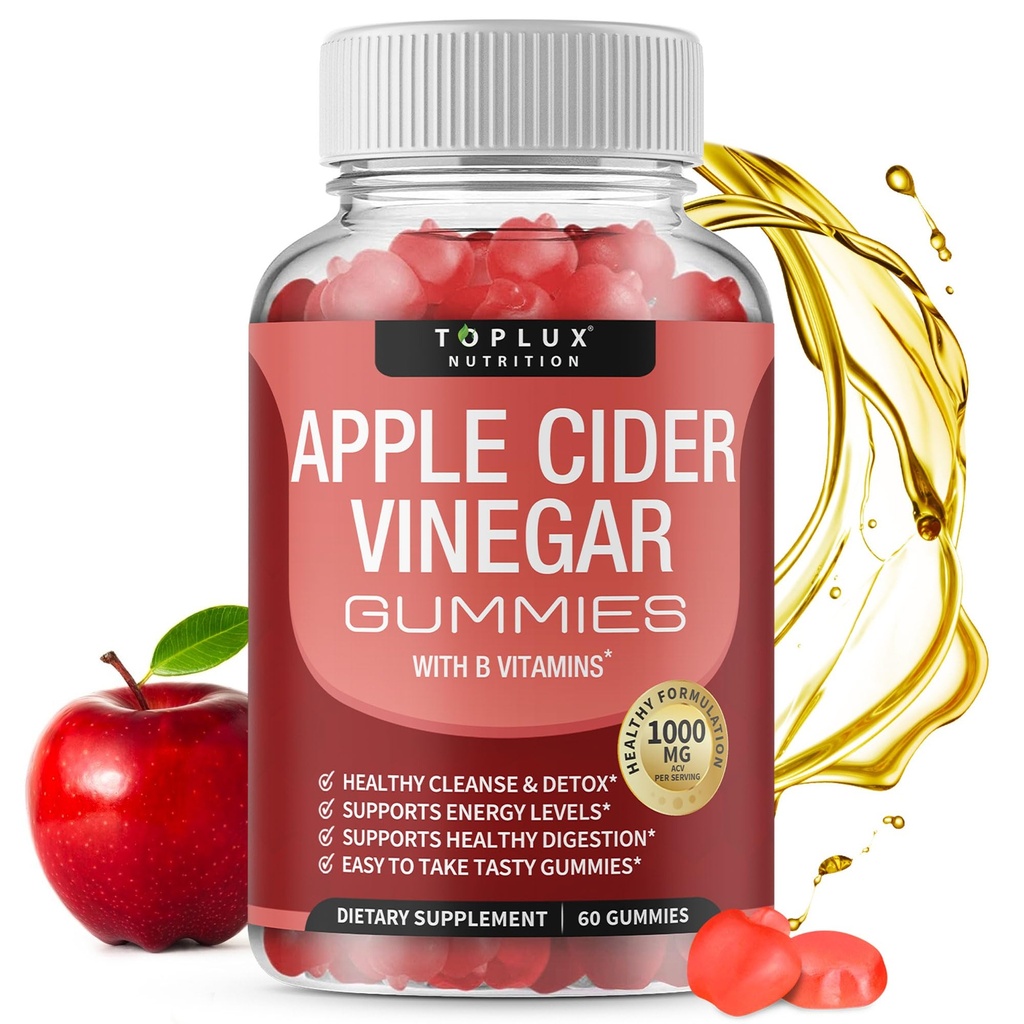 Toplux Apple Cidru Otet Gumries - 1000mg ACV cu B12, Root de sfeclă, rodie pentru Immune System, Detox & Cleanse, Gummy Alternative la Apple Cidru Capsule de Vinegar, pentru bărbați Femei, 60 Gummies