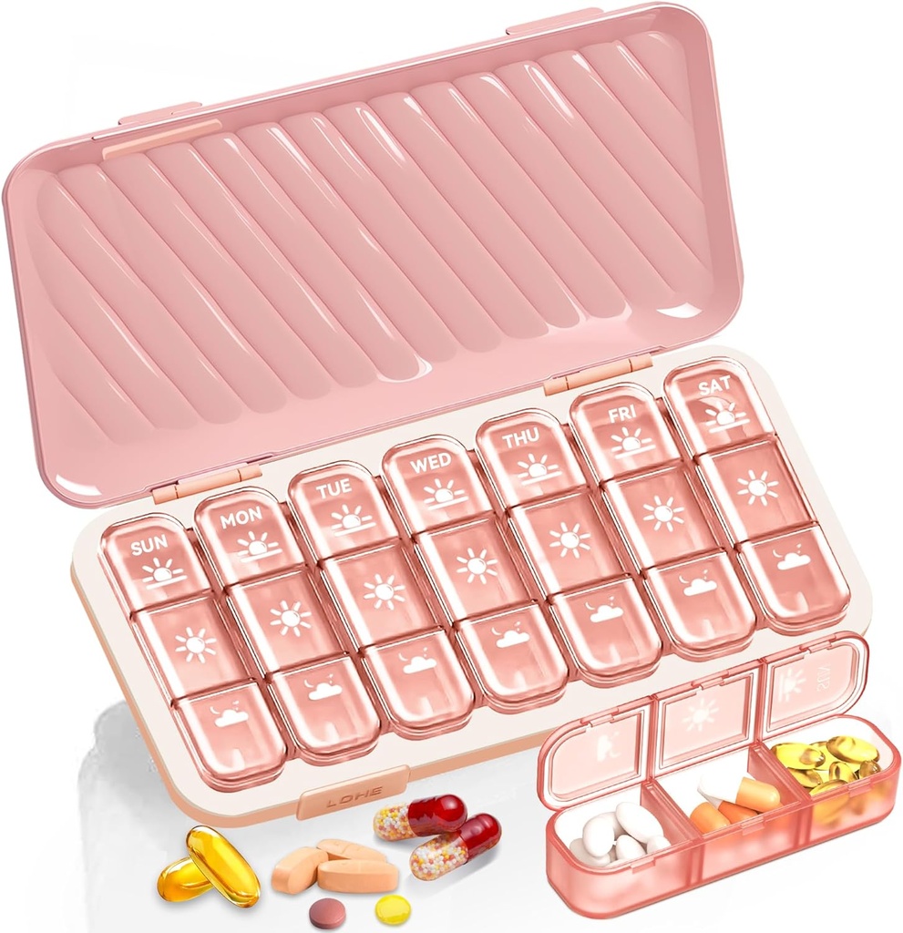 Organizator de pastile de 3 ori pe zi, 7 zile cutie de pastile - GloDeals Organizator de pastile săptămânale, Portable Removable Daily Medicine Dispenser caz de vitamina pește supliment ulei, roz