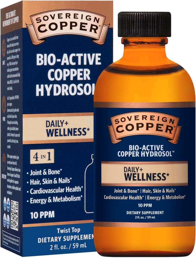 Sovereign Copper Professional 4-in-1 Wellness Support, Joint & Bone, Hair, Skin & Nails, Cardiovascular Health & Energy, Bio-Active Copper Hydrosol, 30 ppm, lichid Twist Top, 2 Fl Oz (59 ml)
