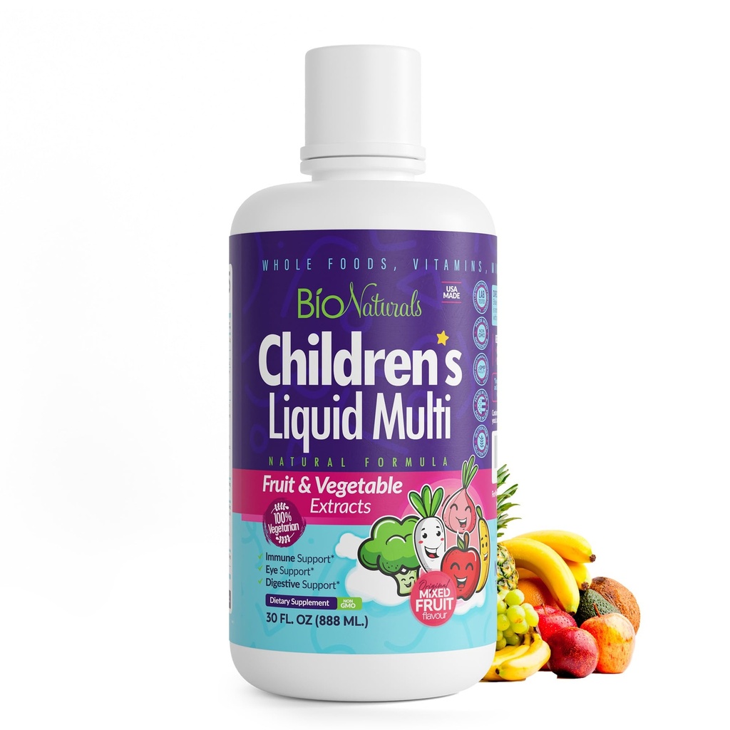 Bio Naturals pentru copii Multivitamine lichide și booster imunitar - Suplimentul natural pentru copii și copii mici cu vitamine A B C D3 E, Fibră, Fructe și legume - Fără OMG-uri, Gluten, Zahăr, Dairy, Soy - 16oz