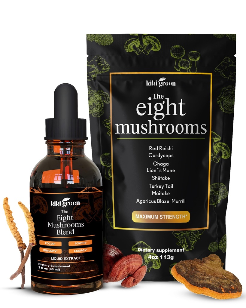KIKI Green 8 Ciuperci pulbere și extract lichid Bundle - Complex de suplimente de ciuperci pentru focus & Energy - Lion's Mane, Chaga, Cordyceps, Turcia Tail, Reishi, Shiitake, Maitake - 4 oz, 2 fl oz