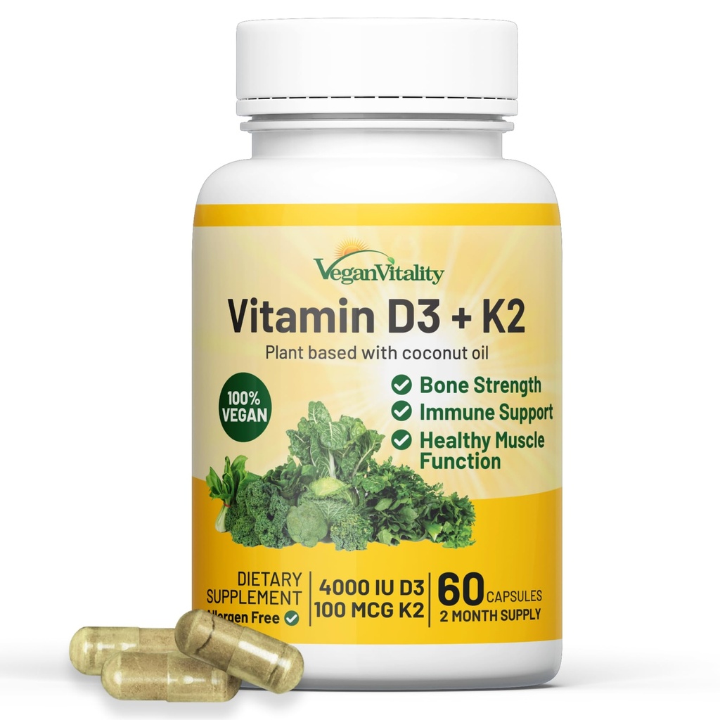 Vitality Vegan Vitamina D3 K2 4000 UI (100mcg) cu ulei de cocos, 100% plante pe bază de vitamina D pentru Vegan și Vegetarian - 60 capsule