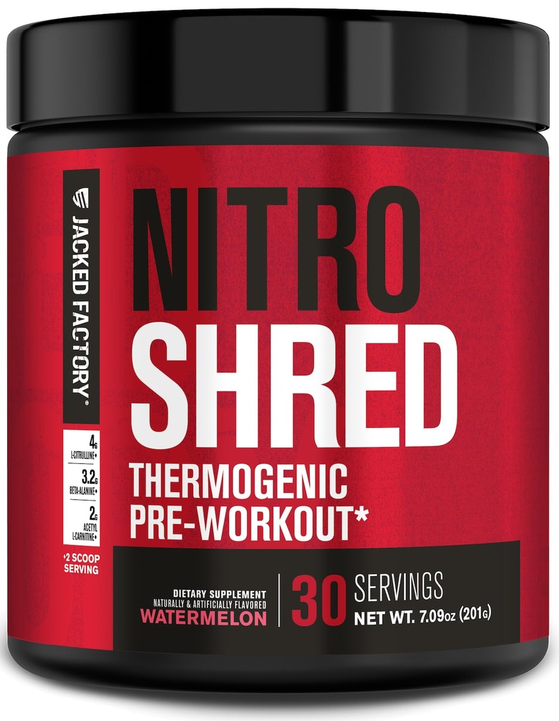 Fabrica Jacked NITROURGE Shred Pre Workout Supliment - Booster de energie, câştiguri de putere instant, focalizare Sharp, Pompe puternice - Nitric oxid Booster & PreWorkout pulbere - 30Sv, Pepene verde