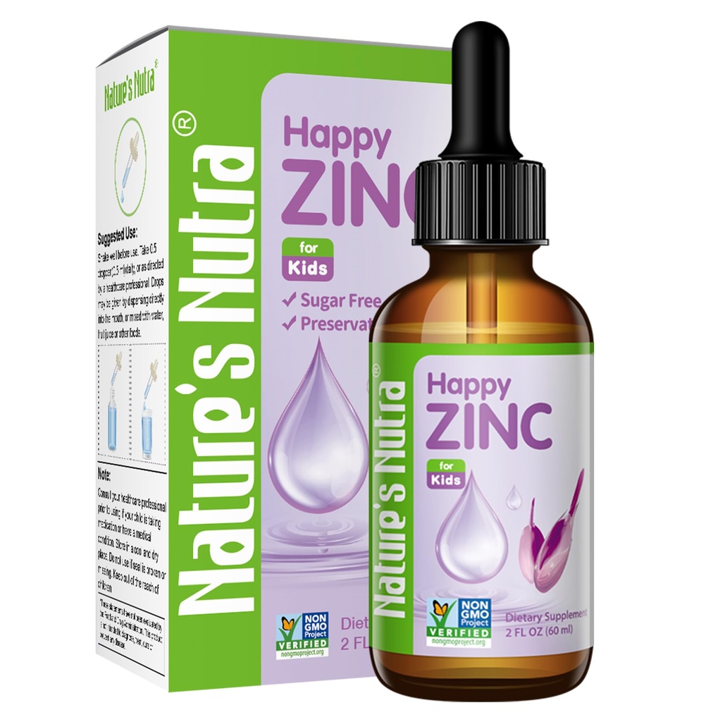 Nutra Happy Zinc, Premium Zinc lichid pentru copil, sugar, copii și copii, TRAACS Chelate Zinc, Biodisponibilitatea ridicată, non-GMO, Kosher, 2 Fl. Oz (60ml)
