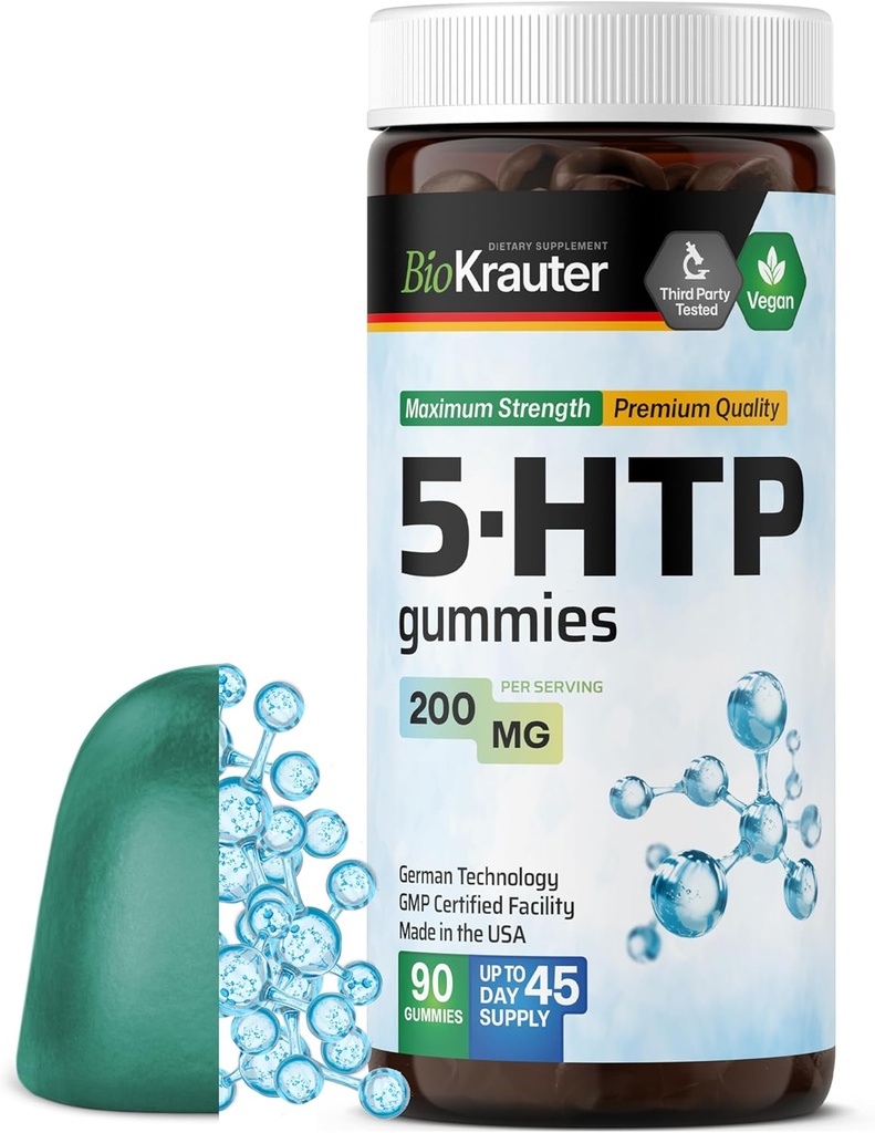 BIO KRAUTER 5 HTP Supliment Gummies - 200 mg Putere - 90 Vegan Chews - Suport de relaxare 5HTP Plus L Triptofan Supliment - Pectin pe bază de Formula