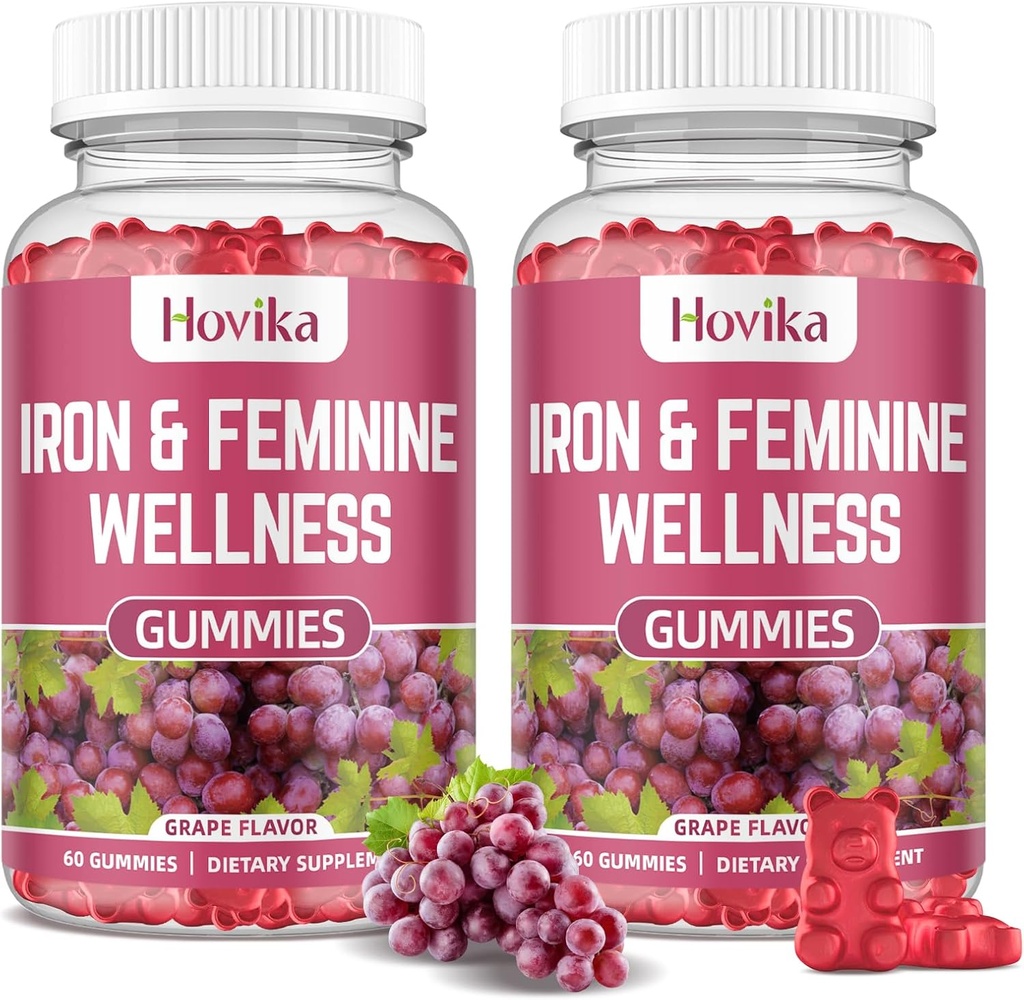 Fier pentru femei Gummies, 40mg Supliment de fier Anemie cu multivitamine pentru femei, Zinc, Seleniu, Iod - pentru deficit de fier - Suport hormonal natural pentru PMS, Aroma de struguri, 2 Pack