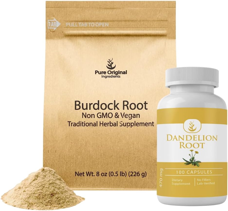 PURE ORIGINAL INGREDIENTS Bredock Root Extract pulbere și Dandelion Root Capules Bundle, pulbere și capsule, Alwasy Pure, Lab-Verified