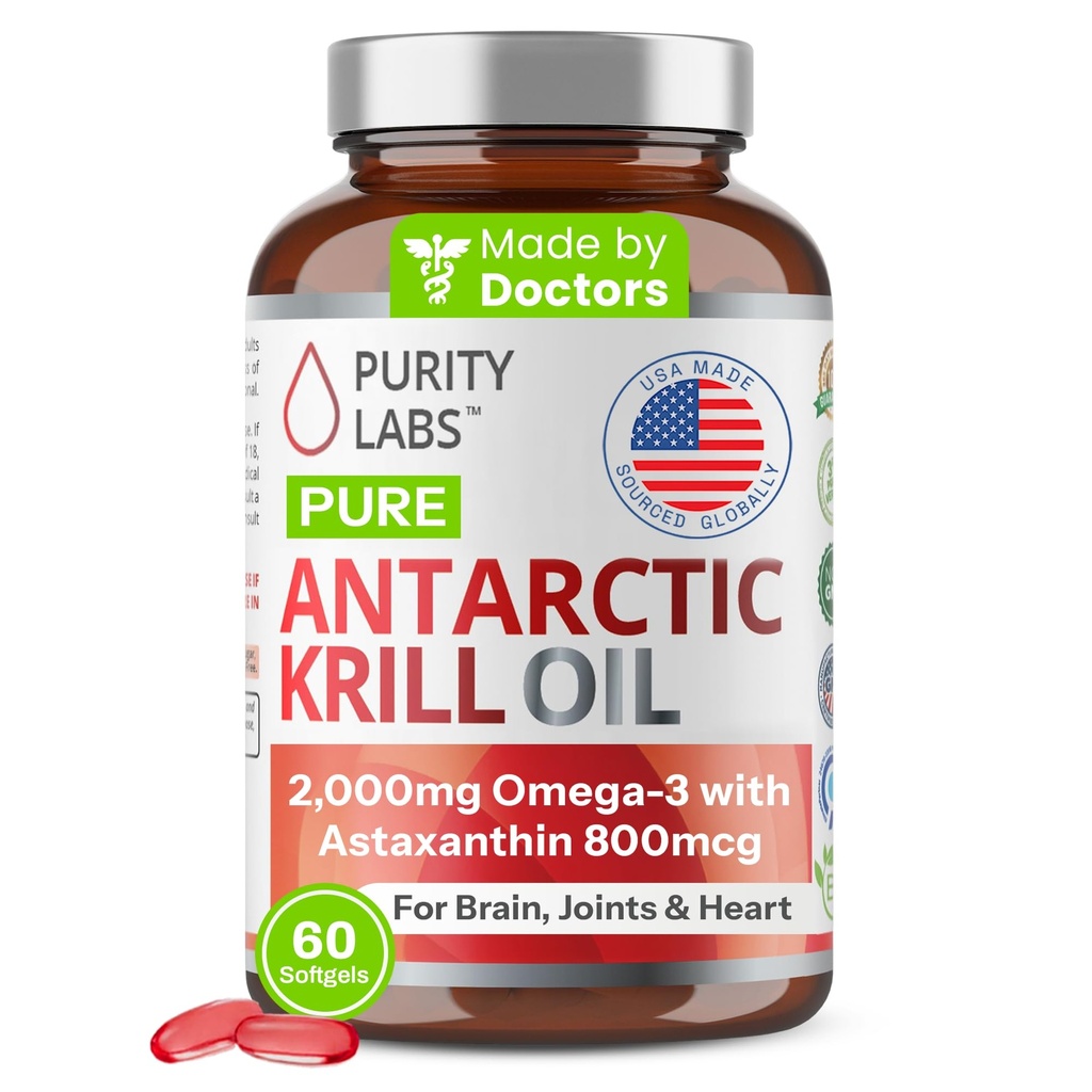 Puritate Labs Antarctica Krill ulei 2000mg Omega-3 cu Astaxantină 800mcg Suplimente pentru a sprijini memoria- bogat în Omega 3, acizi grasi, DHA, EPA & Fosfolipide - 60 Softgels